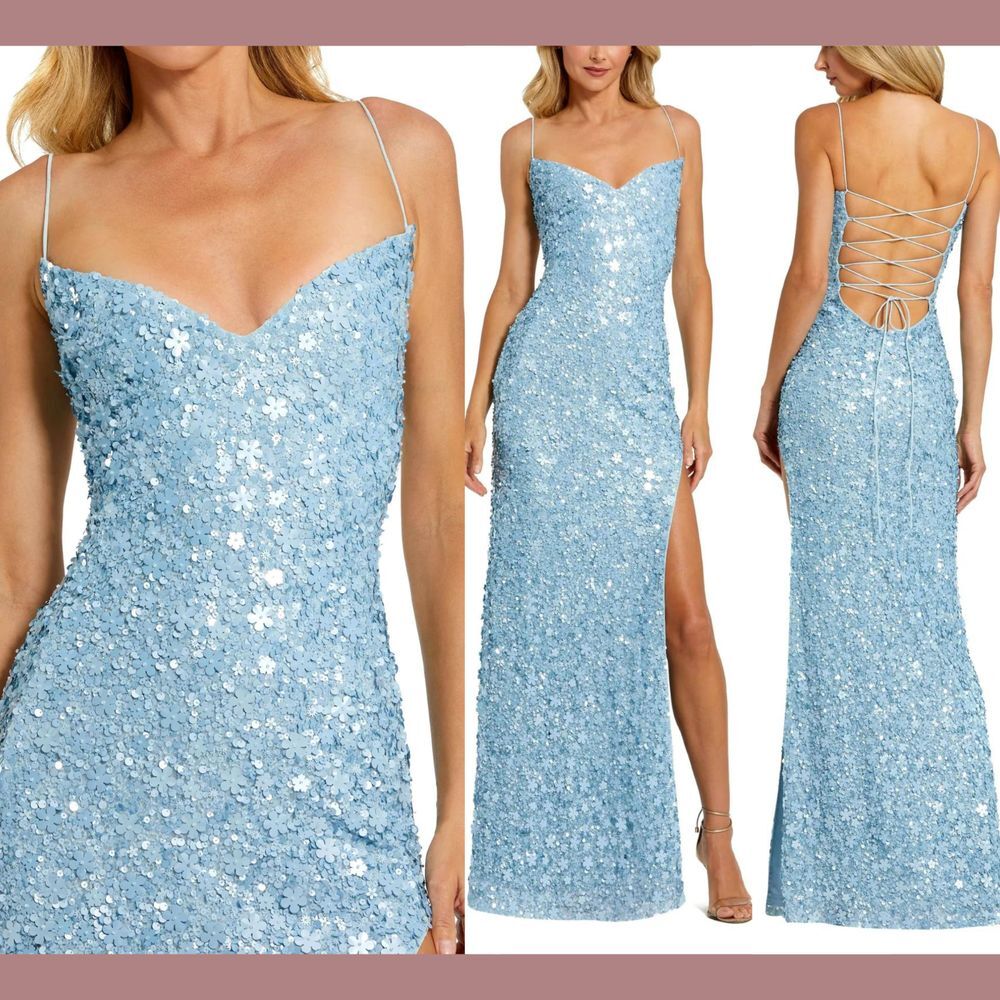 NWT Mac Duggal [ Medium ] Embellished Spaghetti Strap‎ Sweetheart Slit Gown Blue